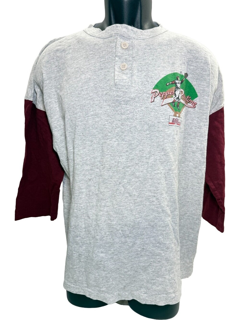 VTG 80s Dr. Pepper Pastime Baseball T-Shirt XL Henley 3/4 Sleeves Single Stitch